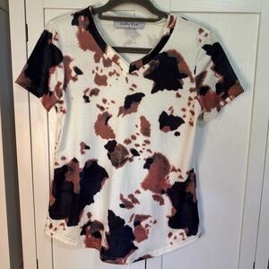 Southern Roots Women’s Small Cow Print V-Neck T-Shirt Top Brown Black Western